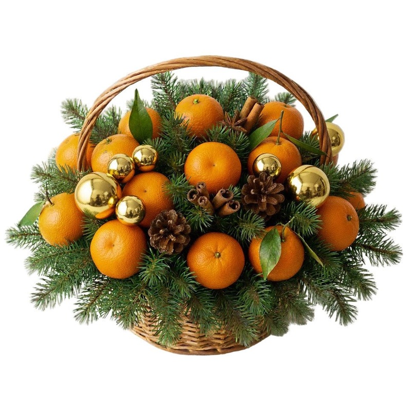 Tangerine with Gold Baubles Decor Basket Arrangement